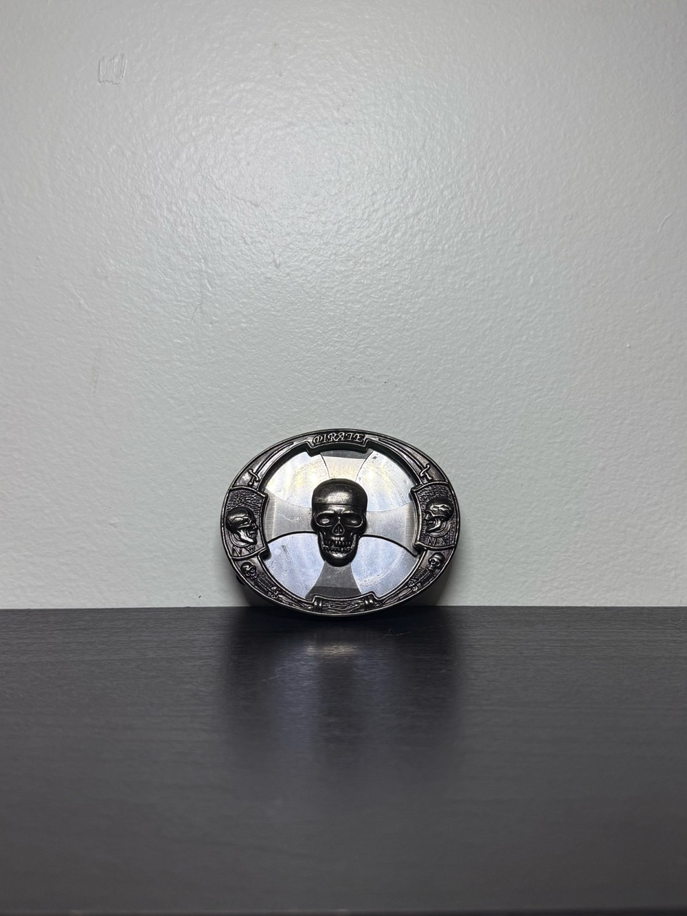 Y2K 2000s Engraved Silver Skull Pirates Cross Spinner Belt Buckle